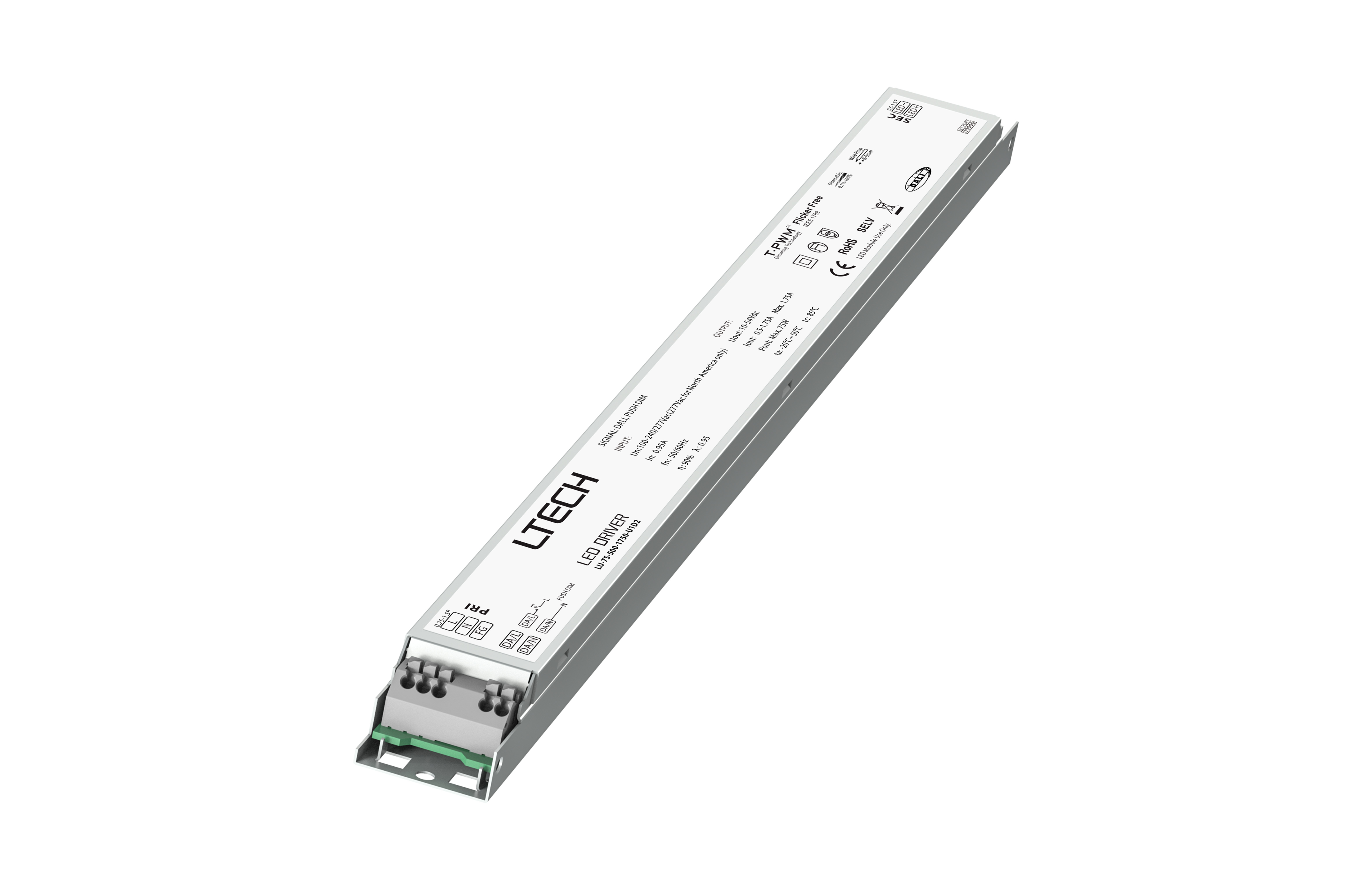 LU-75-500-1750-U1D2  Intelligent LED Driver, DALI  0-100% Dim, PWM Digital Dim,DALI-2 Push Dimm , 75W 500-1750mA 10-54Vdc  Out put Range.5-75W , IP20, 5yrs Warrenty.